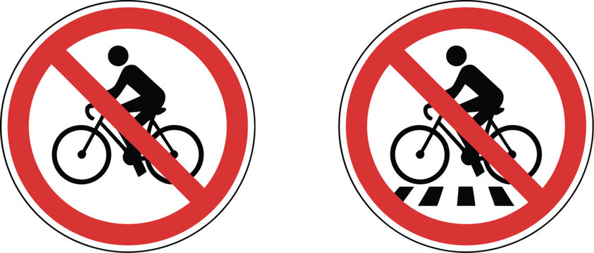 Bicycle, forbidden on crosswalk sign, no bike prohibition symbol for pedestrian crossing safety traffic regulations and public warning signage.