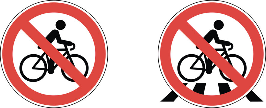 Bicycle, forbidden on crosswalk sign, no cycling traffic symbol for pedestrian safety road regulations restricted access and warning signs.