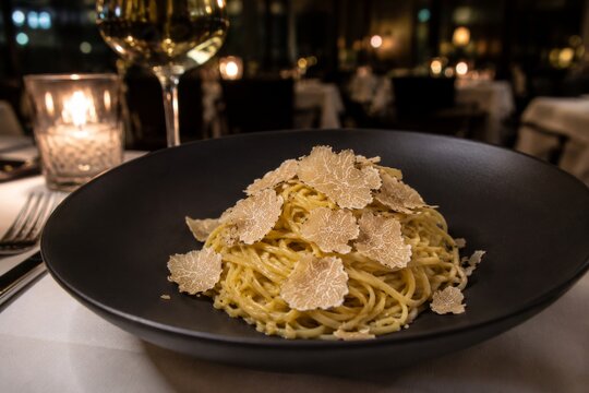  Un sofisticado plato de Tagliolini al tartufo bianco con abundante trufa blanca laminada, servido en un elegante restaurante con iluminaci&oacute;n tenue y ambiente exclusivo.