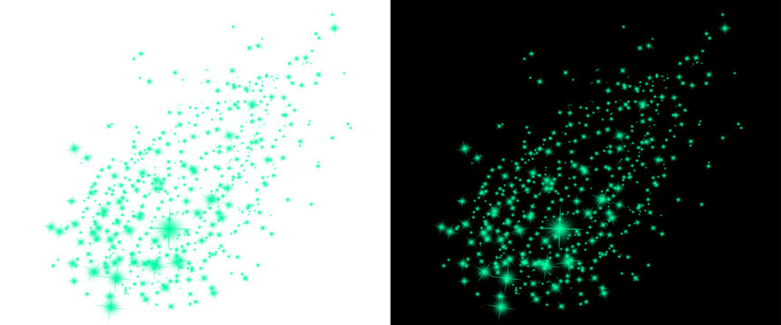 Emerald green glitter dust explosion, glowing mint sparkles on black and white backgrounds, magical shimmering particles for festive design