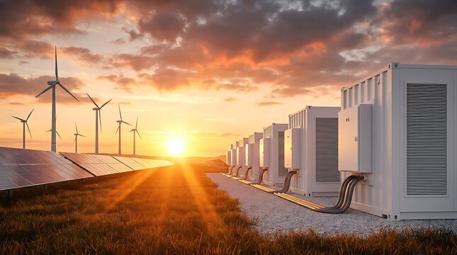 Wind turbines and solar panels with large battery storage containers at sunset with glowing orange sky and dramatic clouds for renewable energy.