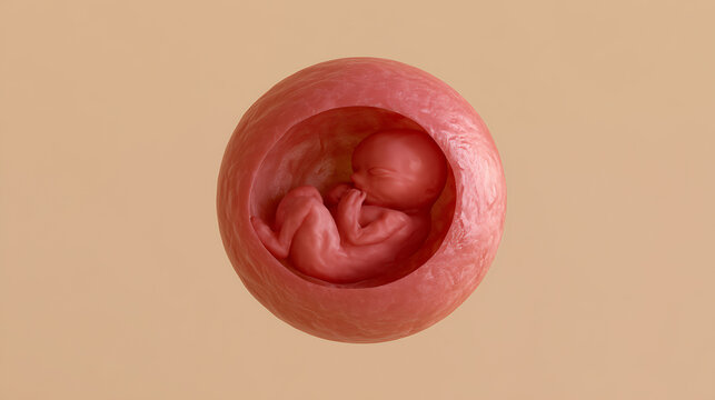 Conceptual representation of a detailed fetus or embryo developing within a protective sac, highlighting early human development