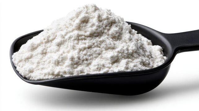 Close up of white flour or protein powder in a black scoop isolated on white background