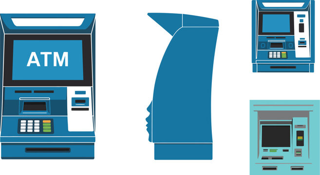 ATM banking terminal illustration set, generic automated teller machine front and side views for financial technology design.