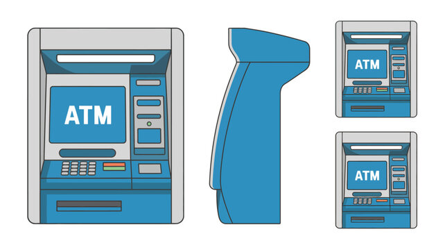 ATM banking terminal icons illustration set, generic cash machine front and side views for banking and finance graphics.