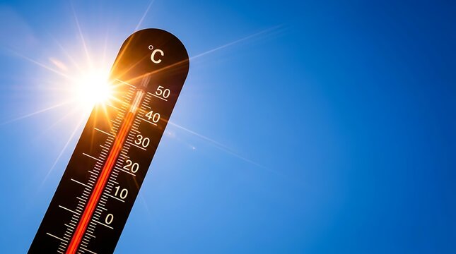Thermometer registers extreme heat under bright sun and clear blue sky, representing critical global warming and environmental concerns.