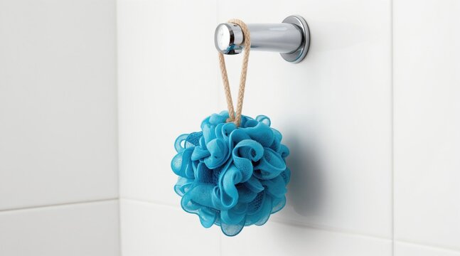 Blue mesh bath pouf hangs from chrome hook on tiled wall. Soft sponge ball ready for daily shower or bath use. Clean personal care item for exfoliation.