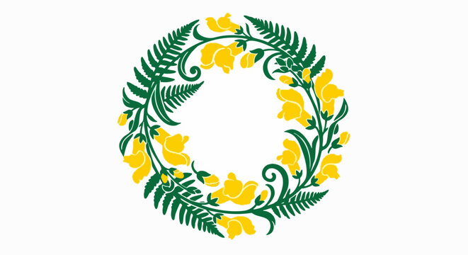 Floral wreath with New Zealand kowhai flowers and fern leaves