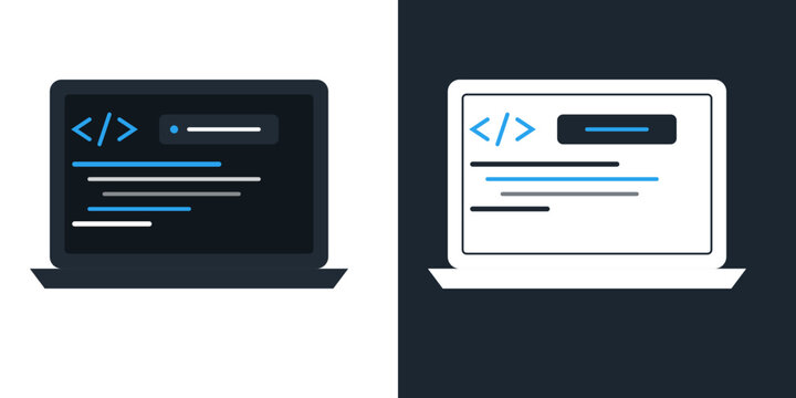 Laptop displaying software programming code brackets and file tree structure in outline and solid developer icon vector