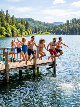 Friends share laughter and unforgettable memories while diving into a tranquil lake on a warm summer afternoon.