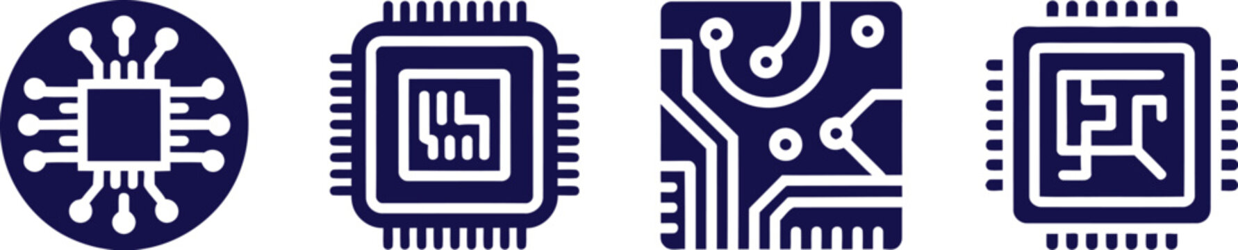 Circuit board and chip icon illustration set, generic electronic circuit symbols in flat style for technology design.