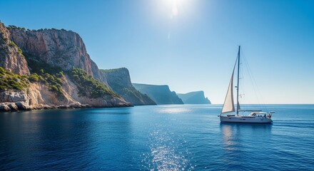 Fototapeta premium A white sailboat sailing on deep blue ocean water next to massive high cliffs under a bright sun