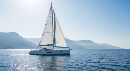 Fototapeta premium A beautiful white yacht sailing on peaceful blue sea water with soft mountains visible in the distant mist under a clear sun