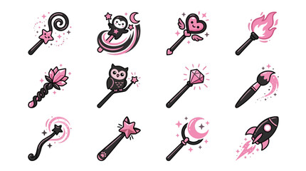 Cute pink magic wands with owl and crystals. © Fatchut