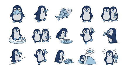 Cute penguin character icons eating and resting. © Fatchut
