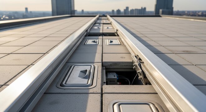 Industrial metal rails and maintenance hatches on a skyscraper flat roof