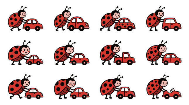 Cute ladybugs pushing and repairing small red cars.