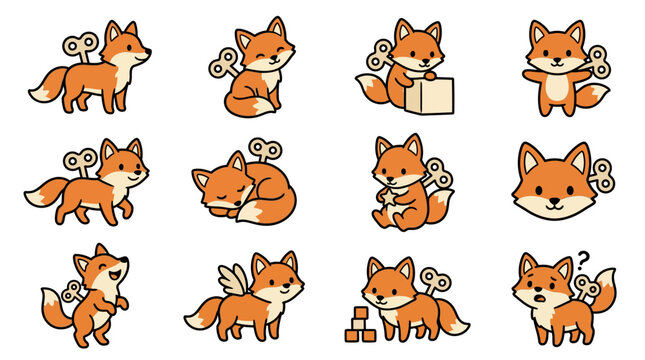 Cute orange wind-up fox characters in various poses.