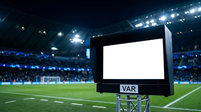 Video assistant referee VAR screen in empty soccer stadium at night shows blank white screen ready for replay or graphics with stadium lights.