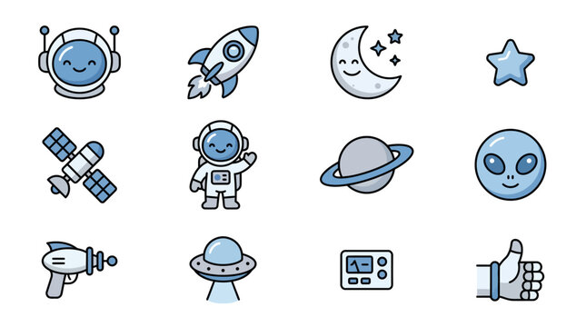 Cute outer space and astronaut character icon set.