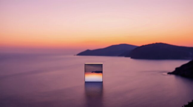 Glass cube reflects pastel Mediterranean sunset over calm sea and mountains. Peaceful coastal evening scenery with soft sky colors. Tranquil water horizon.