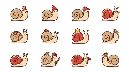 Cute snail characters wearing various hats. © Fatchut