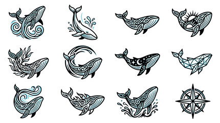 Decorative whale and nautical icon collection. © Fatchut