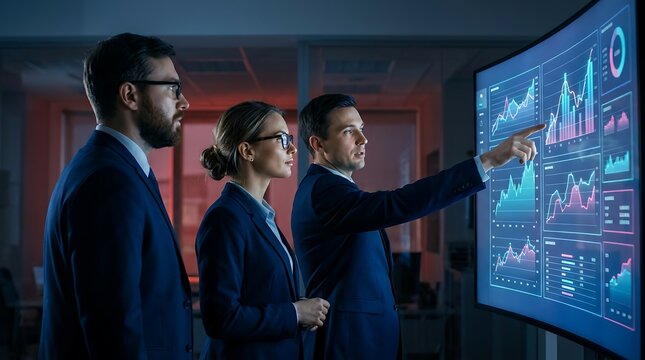 Financial analysts team review real time investment data on large digital screen inside dark office workspace featuring glowing stock market growth charts and business indicators.