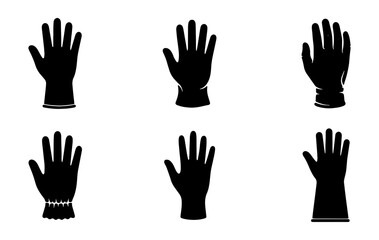 Fototapeta premium Black Silhouette Gloves Collection, Six Different Styles of Hand Protection, Rubber and Fabric Mittens for Cleaning and Work, Vector Icons for Safety and Hygiene