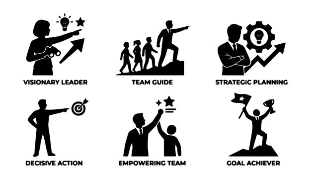 Business Leadership Icons: Visionary Leader, Team Guide, Strategic Planning, Decisive Action, Empowering Team, Goal Achiever Vector Set