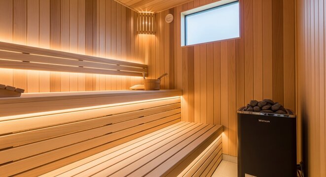 Cozy Finnish sauna room made of light natural wood with hidden warm LED lighting under the benches and an electric heater