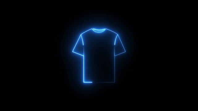 Glowing neon blue color t-shirt icon with a glowing neon black background. animation