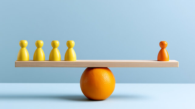 Unequal balance with four yellow figures against one orange figure on a wooden seesaw, supported by a fresh orange on a light blue background