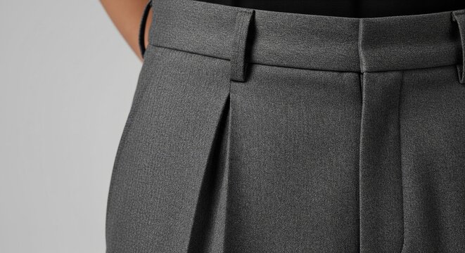 Close-up of grey pleated trousers for men showing the waistband, belt loops, and zipper details