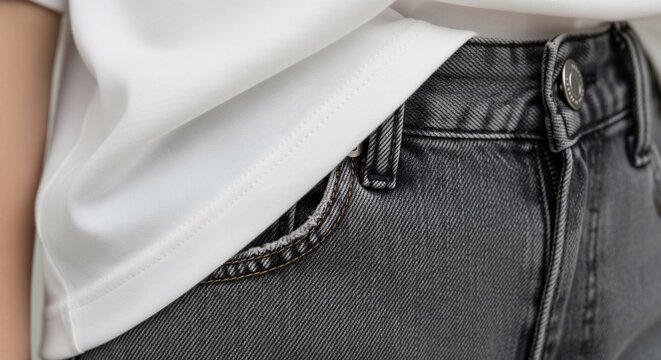 A close-up shot focusing on the pocket and belt loops of dark gray or black denim jeans worn with a simple white t-shirt