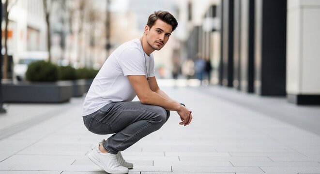 A stylish young man in a white t-shirt and grey trousers squats down on a clean city pavement, looking directly into the camera with a confident expression