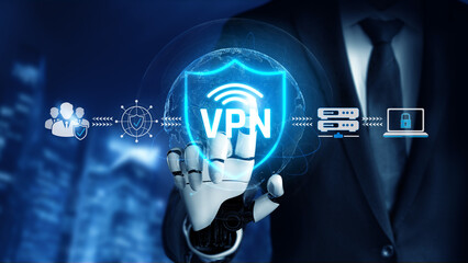 Fototapeta premium Futuristic Businessman Interacting with Virtual VPN Technology for Enhanced Cybersecurity and Data Protection Solutions in Digital Network Landscape Sigmoid