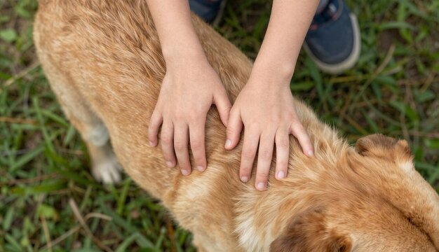 Child&rsquo;s hands gently petting a light golden dog on a grassy lawn, capturing a tender moment of human‑animal bonding and affection in an outdoor setting.
