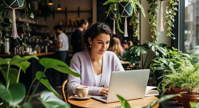 A young woman smiling while typing on her laptop at a wooden table inside a cozy green cafe filled with many house plants