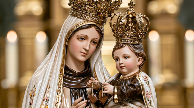 Antique porcelain statue of Our Lady of Mount Carmel holding baby Jesus and the brown scapular in a church