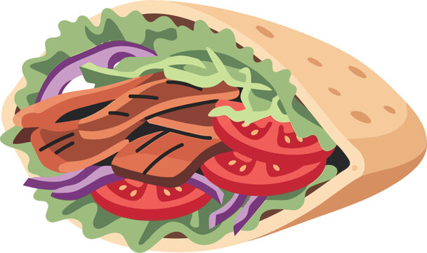 Fresh delicious doner kebab sandwich with meat tomato lettuce and onion bread pocket isolated on white background