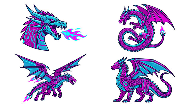 Cyberpunk Dragons: Futuristic Fantasy Creatures, Pixel Art Style