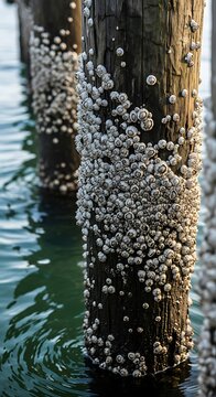 Close-up of Barnacle-covered Wooden Post in Water.