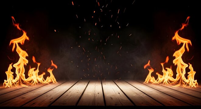 Horizontal view of realistic fire flames and floating sparks on a dark wooden floor against a black background with smoke. Ideal for dramatic product showcases and creative design projects.