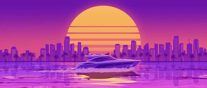 Widescreen looped live wallpaper with a luxury yacht on calm water under a glowing sunset. Retrowave background