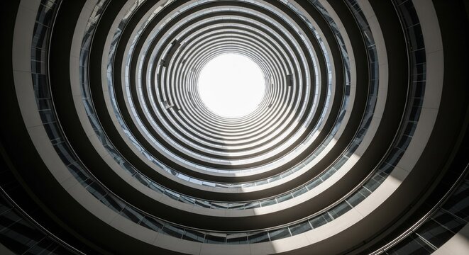 Low angle view looking up into a modern circular building atrium or courtyard towards a bright white sky opening.