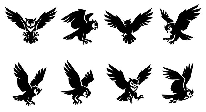 Set of Owl Silhouettes in Flight Poses, Vector Graphics, Black on White Background