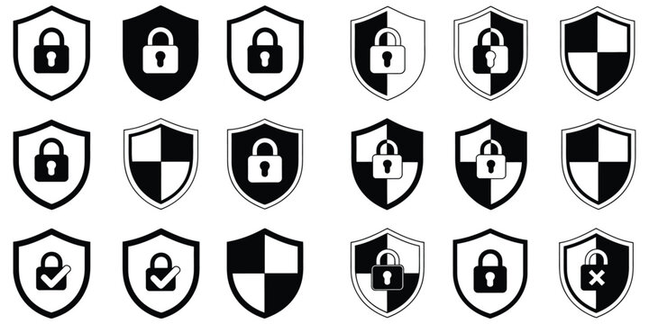 Lock and security shield icon set, padlock symbols, tick, cross, and shield protection elements, black and white outline and solid styles, clean vector illustration for privacy, cybersecurity, and acc