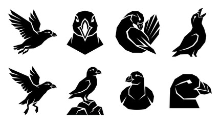 Puffin Bird Icons Set: Flying, Perched, Head Silhouette, and Group Poses © varla