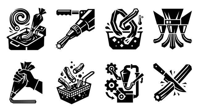 Food preparation icons: Deep frying, dough extruding, cutting, machine